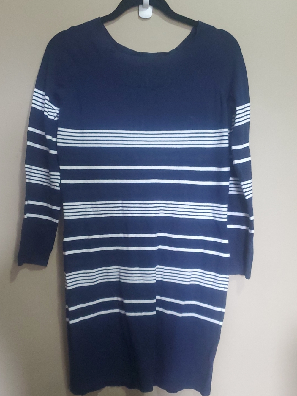 Le Chateau Navy and White Striped Women's Sweater Dress Size Small